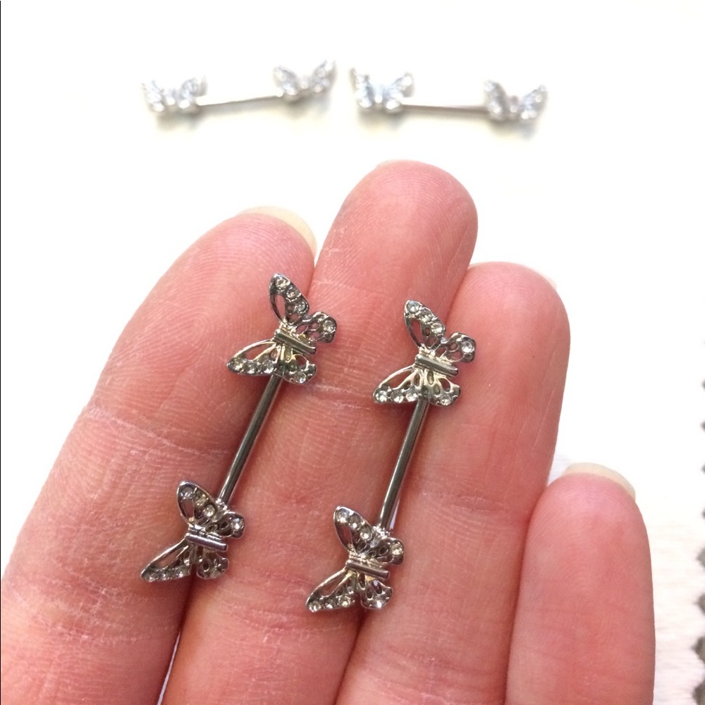 14 Gauge Butterfly with Clear Gems Nipple Bars
